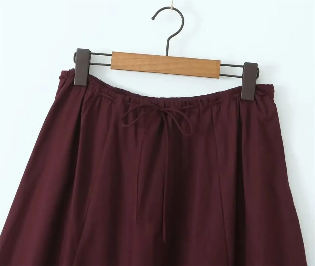 Women Vintage Drawstring Low Waist A-Line Midi Skirt Cotton Holiday Casual Skirts