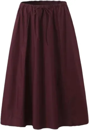 Women Vintage Drawstring Low Waist A-Line Midi Skirt Cotton Holiday Casual Skirts