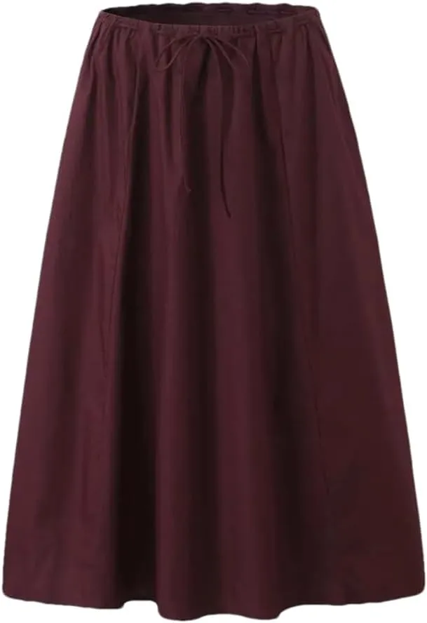 Women Vintage Drawstring Low Waist A-Line Midi Skirt Cotton Holiday Casual Skirts