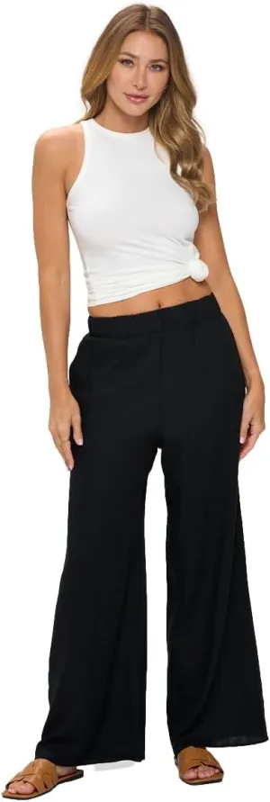 Women Wide Leg Linen Palazzo Pants Regular Waist Boho Flowy Pants with Pocket Travel Trousers - Made in USA