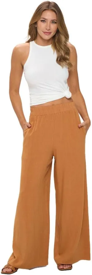 Women Wide Leg Linen Palazzo Pants Regular Waist Boho Flowy Pants with Pocket Travel Trousers - Made in USA