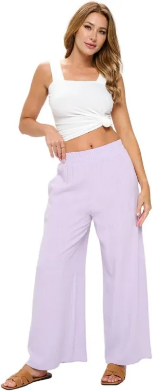 Women Wide Leg Linen Palazzo Pants Regular Waist Boho Flowy Pants with Pocket Travel Trousers - Made in USA