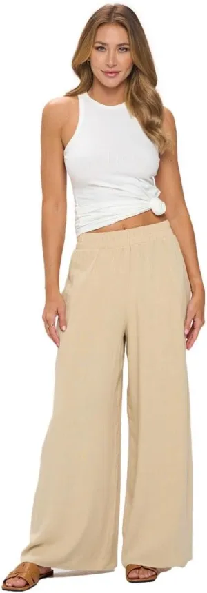 Women Wide Leg Linen Palazzo Pants Regular Waist Boho Flowy Pants with Pocket Travel Trousers - Made in USA