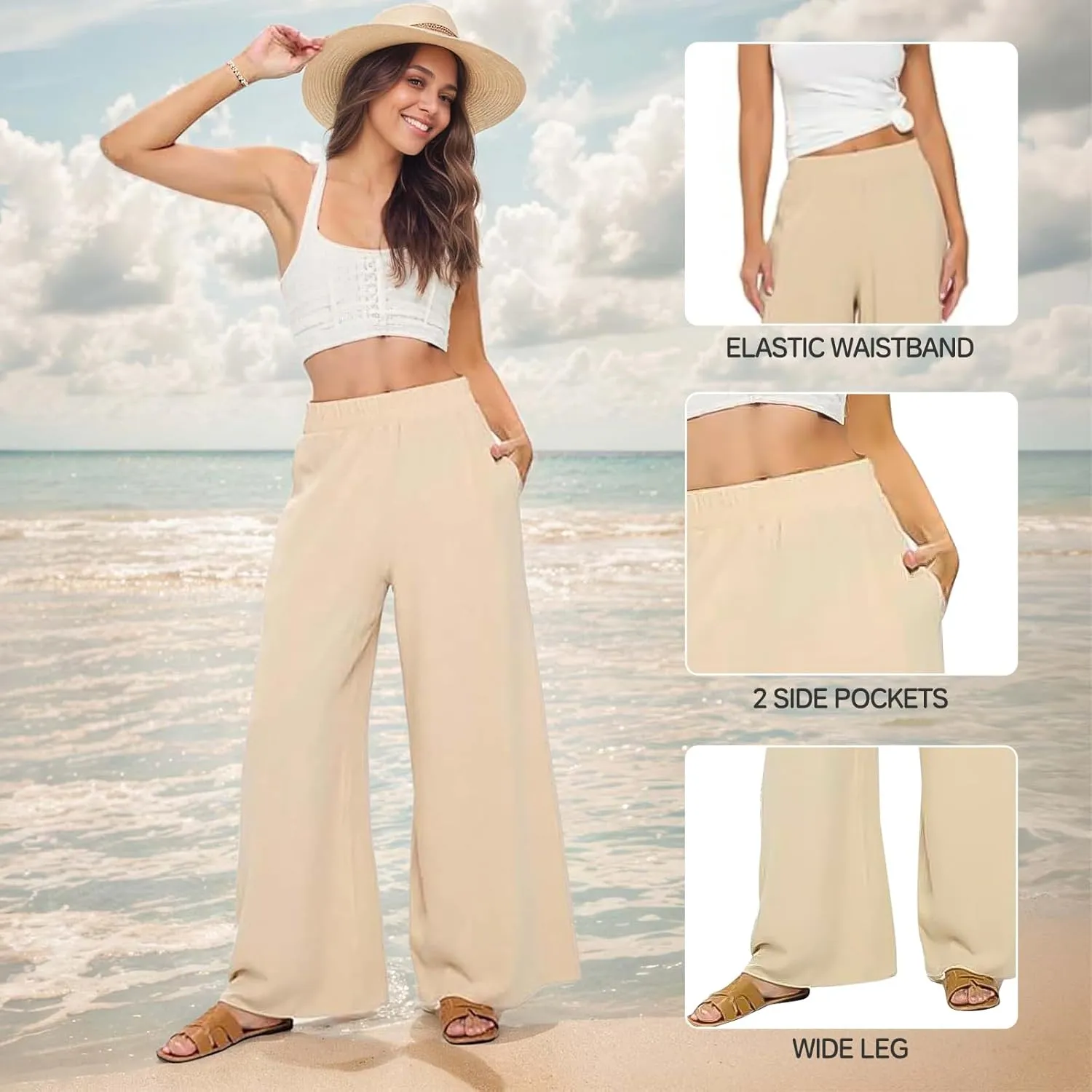 Women Wide Leg Linen Palazzo Pants Regular Waist Boho Flowy Pants with Pocket Travel Trousers - Made in USA