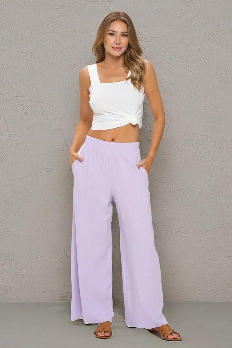 Women Wide Leg Linen Palazzo Pants Regular Waist Boho Flowy Pants with Pocket Travel Trousers - Made in USA