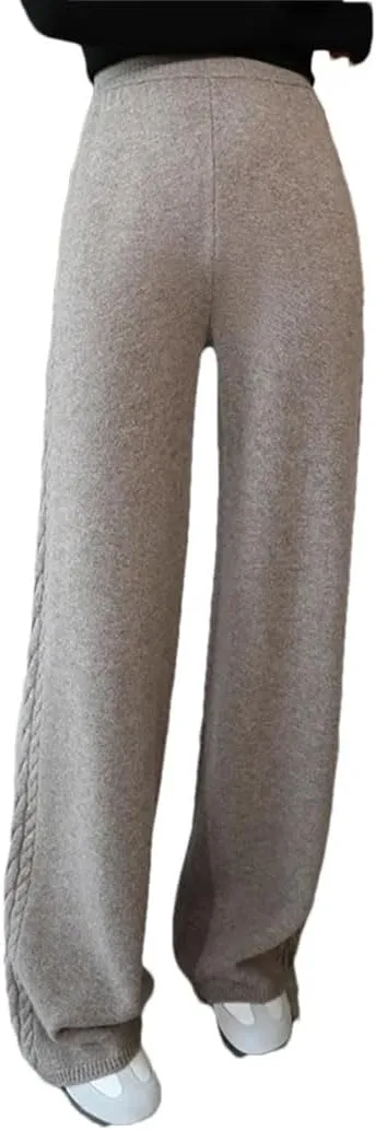 Women's 100% Merino Wool Wide Leg Pants Elastic Waist Ribbed Knitted Trousers Winter Thickened Warm Sweatpants