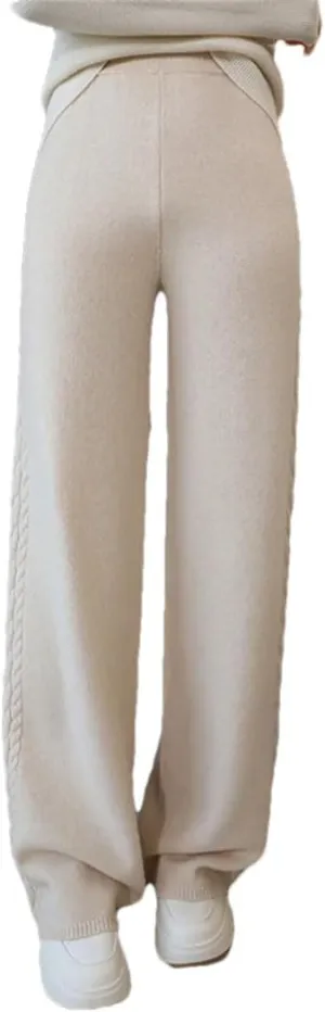 Women's 100% Merino Wool Wide Leg Pants Elastic Waist Ribbed Knitted Trousers Winter Thickened Warm Sweatpants