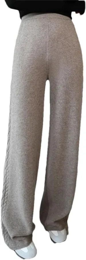 Women's 100% Merino Wool Wide Leg Pants Elastic Waist Ribbed Knitted Trousers Winter Thickened Warm Sweatpants