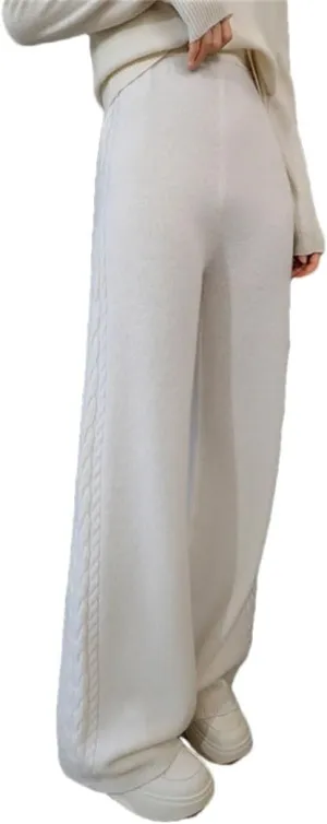 Women's 100% Merino Wool Wide Leg Pants Elastic Waist Ribbed Knitted Trousers Winter Thickened Warm Sweatpants