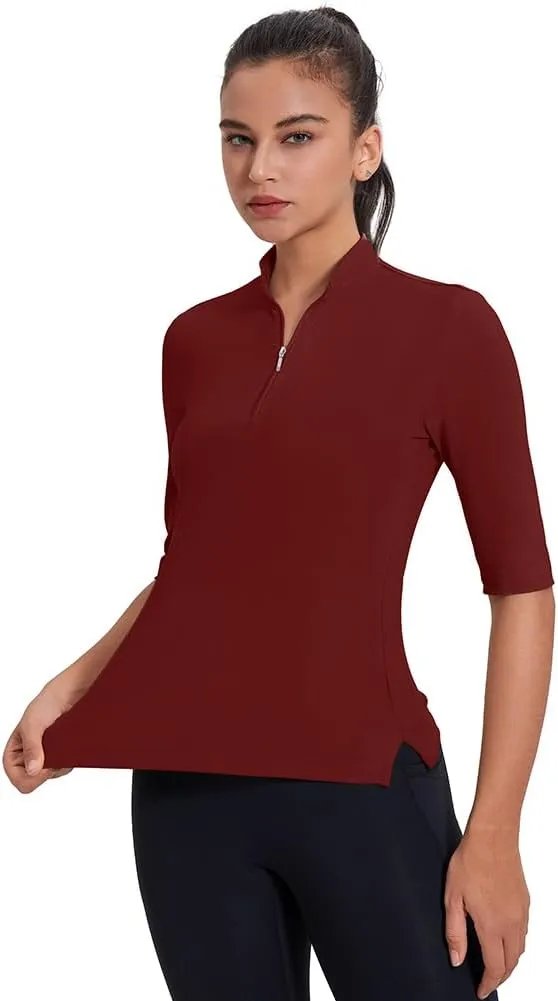 Women's 3/4 Sleeve Golf Polo Shirts UPF 50  1/4 Zip Pullover Shirts Quick Dry Outdoor Athletic Shirt