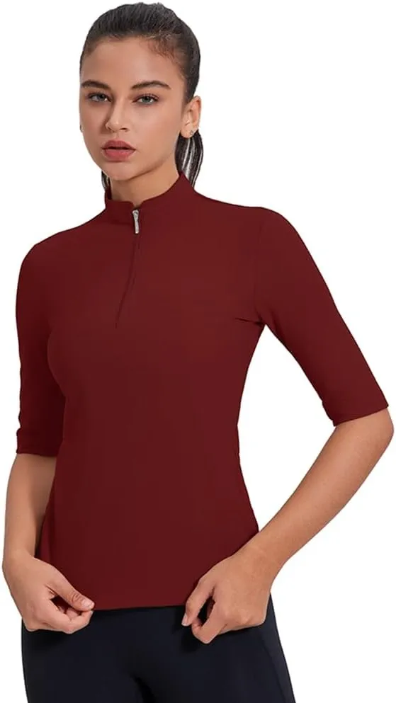 Women's 3/4 Sleeve Golf Polo Shirts UPF 50  1/4 Zip Pullover Shirts Quick Dry Outdoor Athletic Shirt