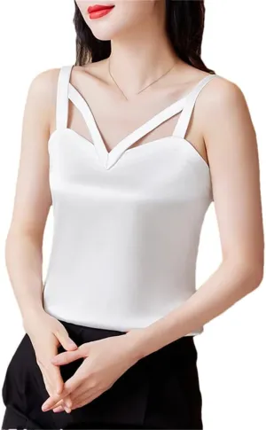 Women's Black Camisole Shirt Casual Satin Vest Sleeveless Hollow Top White M