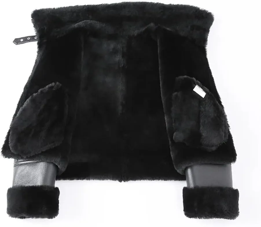 Women's Black Genuine Real Sheepskin Leather Aviator Jacket with Faux Fur Lining