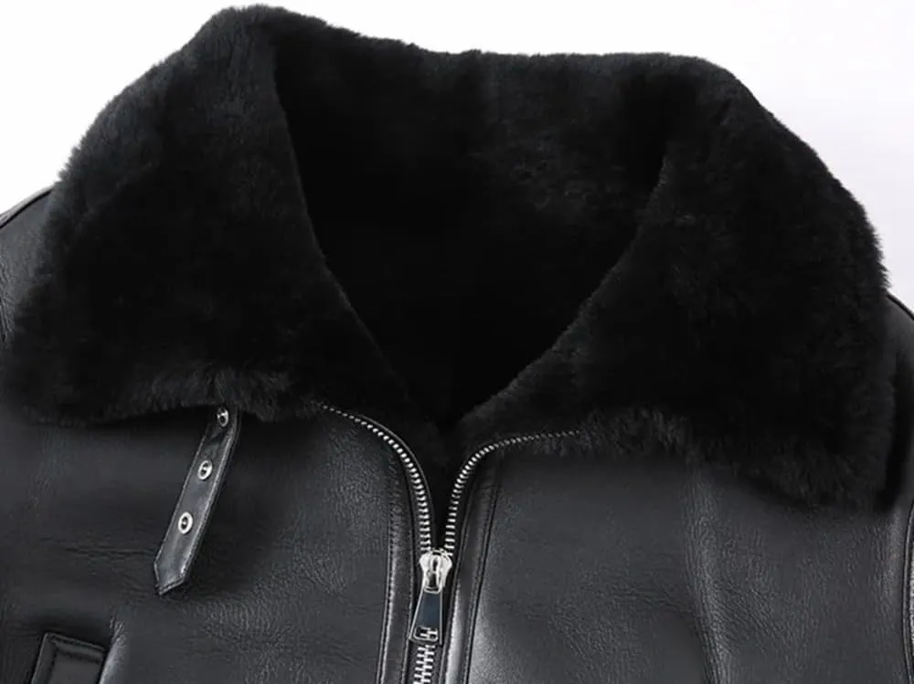 Women's Black Genuine Real Sheepskin Leather Aviator Jacket with Faux Fur Lining