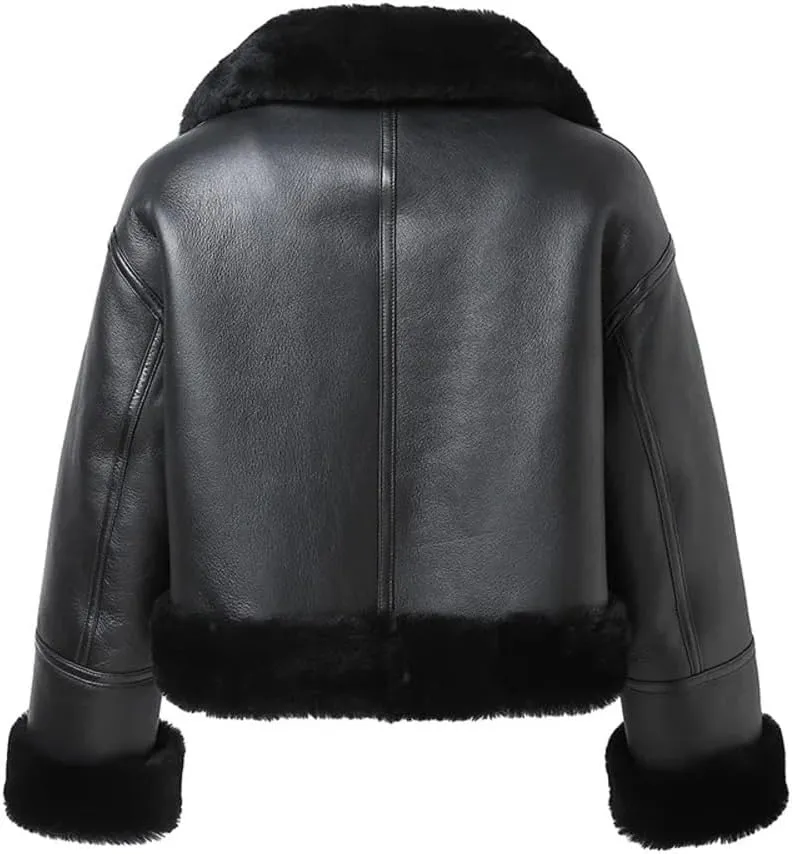 Women's Black Genuine Real Sheepskin Leather Aviator Jacket with Faux Fur Lining