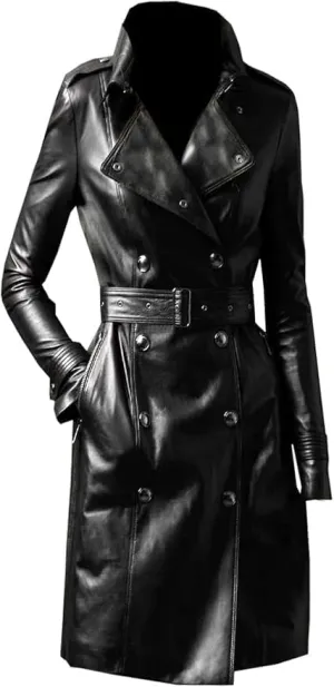 Womens Black Genuine Sheepskin Long Leather Trench Coat  Double-Breasted Belted Overcoat with Lapel Collar & Deep Pockets