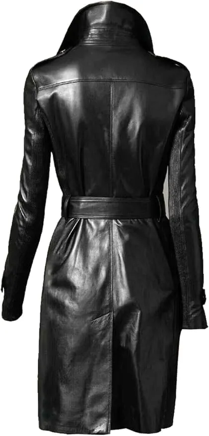 Womens Black Genuine Sheepskin Long Leather Trench Coat  Double-Breasted Belted Overcoat with Lapel Collar & Deep Pockets