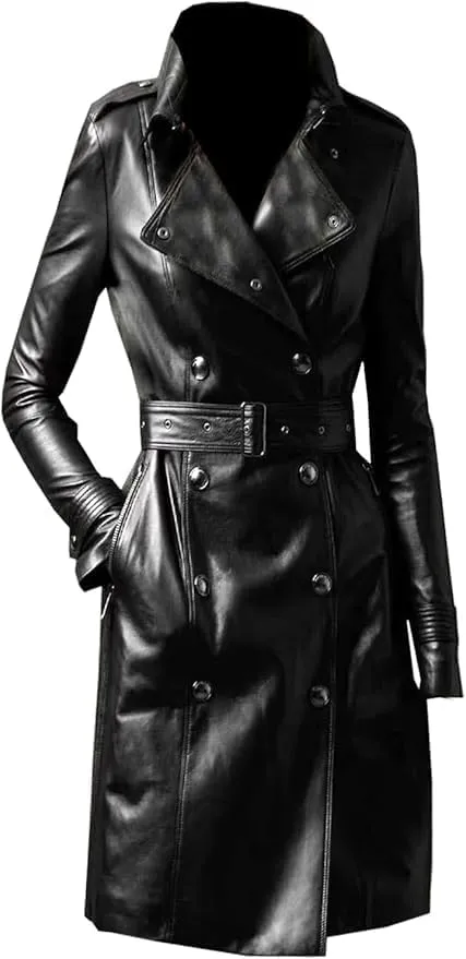 Womens Black Genuine Sheepskin Long Leather Trench Coat  Double-Breasted Belted Overcoat with Lapel Collar & Deep Pockets