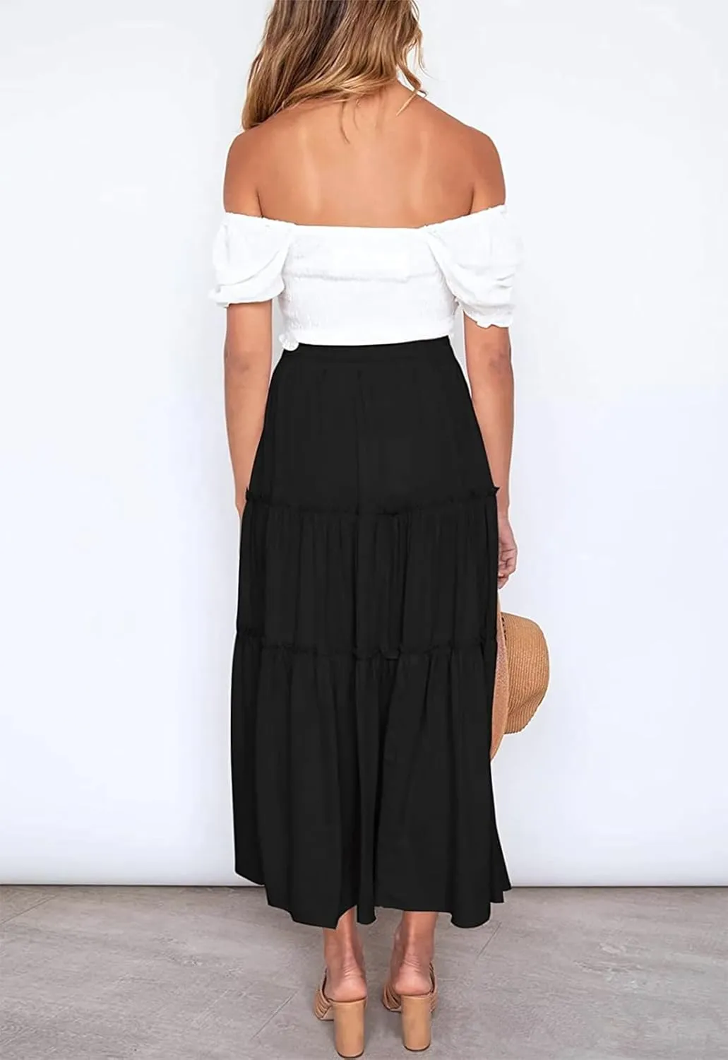 Women's Boho Elastic High Waisted Maxi Skirt Casual A Line Flowy Ruffle Beach Long Skirts