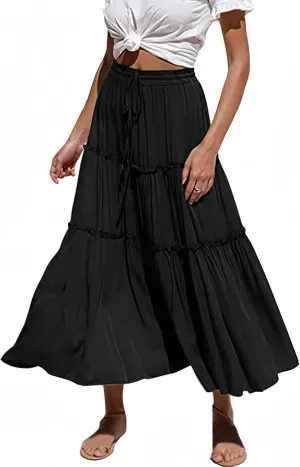Women's Boho Elastic High Waisted Maxi Skirt Casual A Line Flowy Ruffle Beach Long Skirts