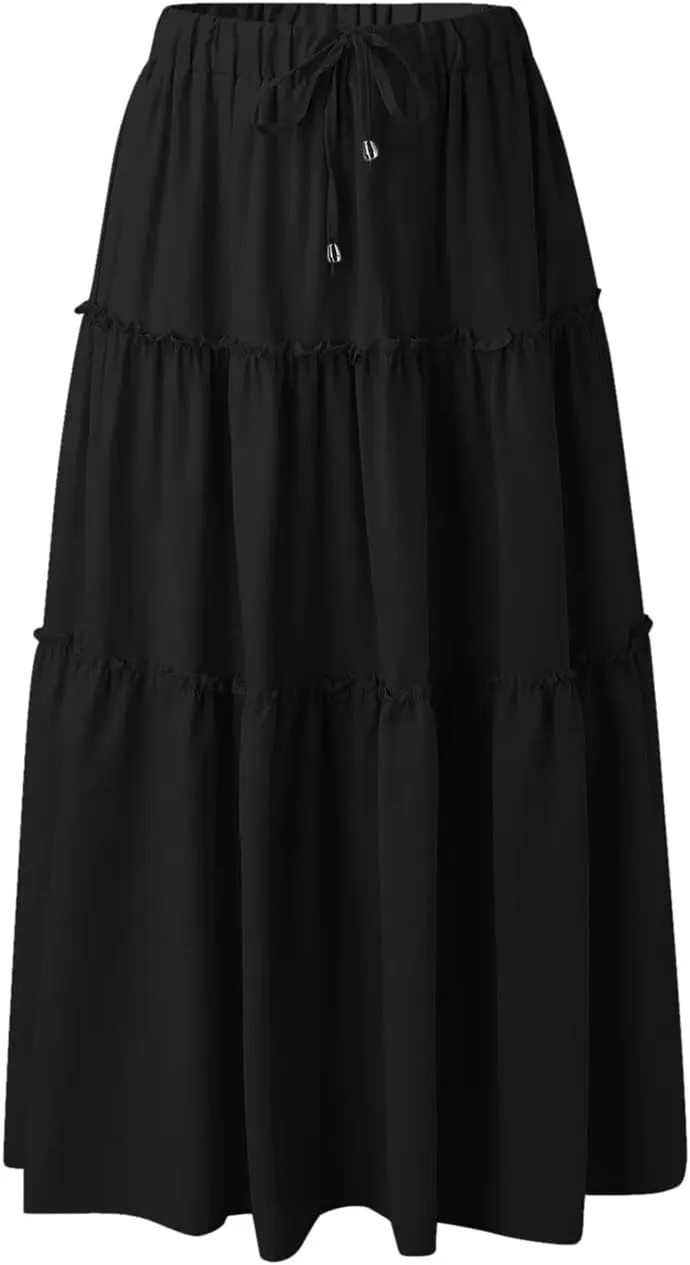 Women's Boho Elastic High Waisted Maxi Skirt Casual A Line Flowy Ruffle Beach Long Skirts