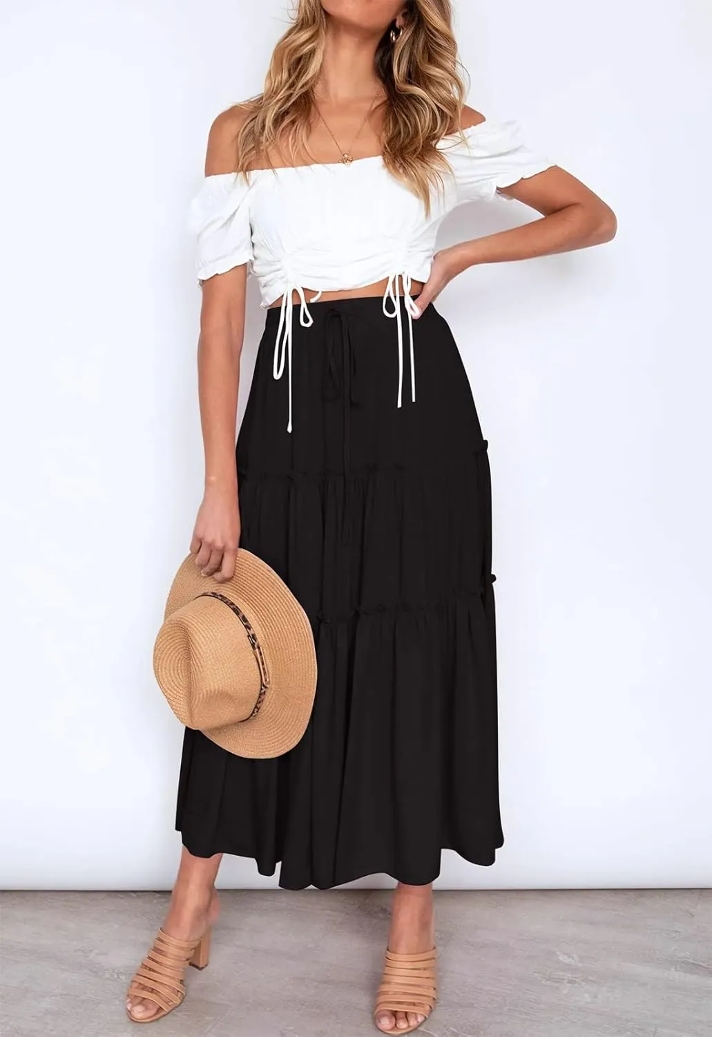 Women's Boho Elastic High Waisted Maxi Skirt Casual A Line Flowy Ruffle Beach Long Skirts