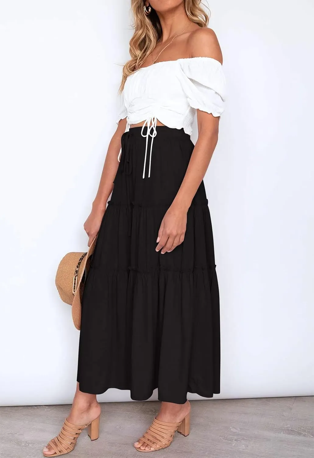 Women's Boho Elastic High Waisted Maxi Skirt Casual A Line Flowy Ruffle Beach Long Skirts