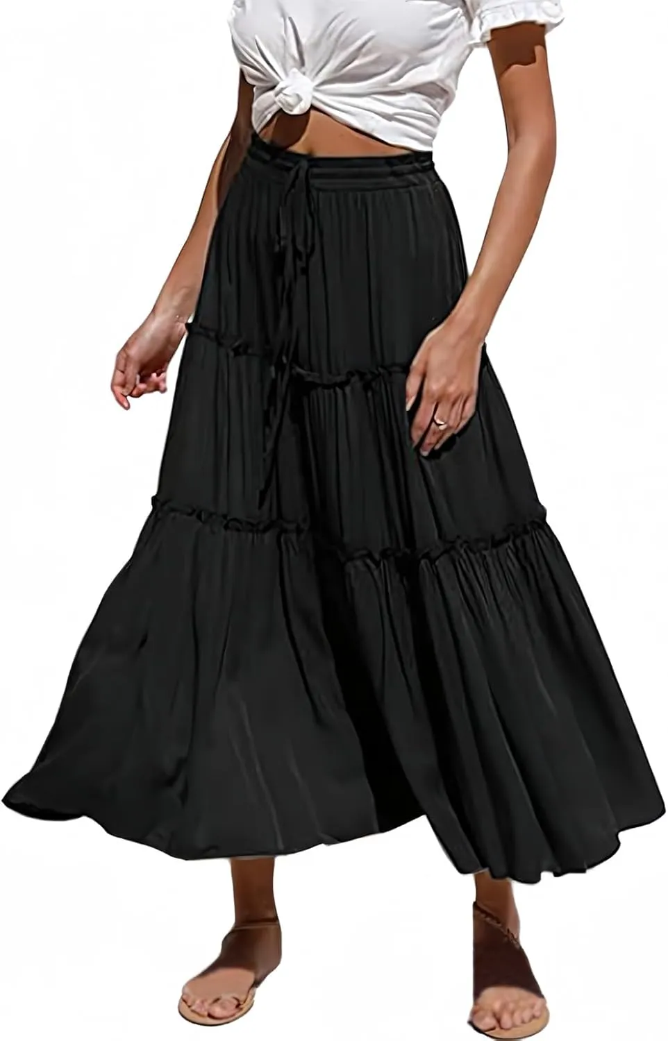 Women's Boho Elastic High Waisted Maxi Skirt Casual A Line Flowy Ruffle Beach Long Skirts