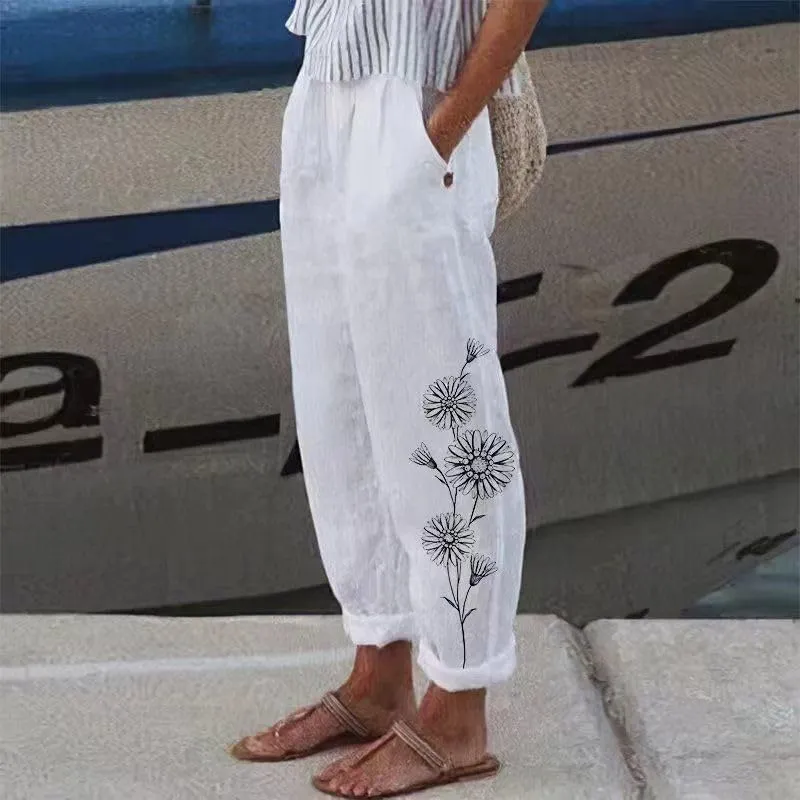 Women's Boho Floral Cotton Linen Casual Pants Summer High Waisted Baggy Beach Trousers with Pockets Plus Size