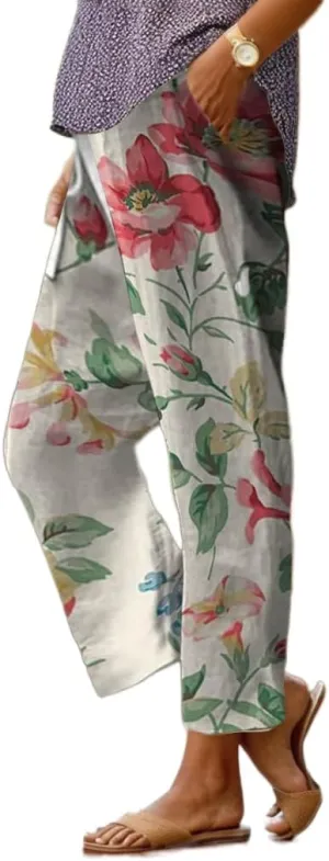 Women's Boho Floral Summer Casual Pants Plus Size Wide Leg Elastic Waist Beach Vacation Trousers with Pockets