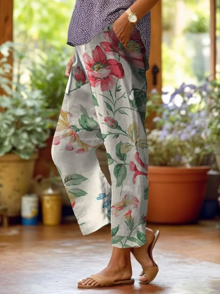 Women's Boho Floral Summer Casual Pants Plus Size Wide Leg Elastic Waist Beach Vacation Trousers with Pockets