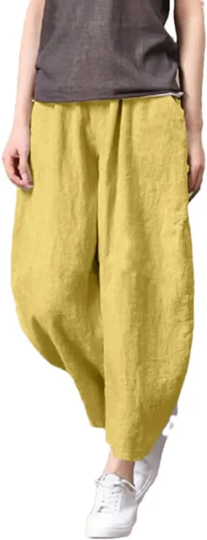 Women's Breathable Linen Pants Elastic Waist Casual All-Match Slim Fit Harem Pants