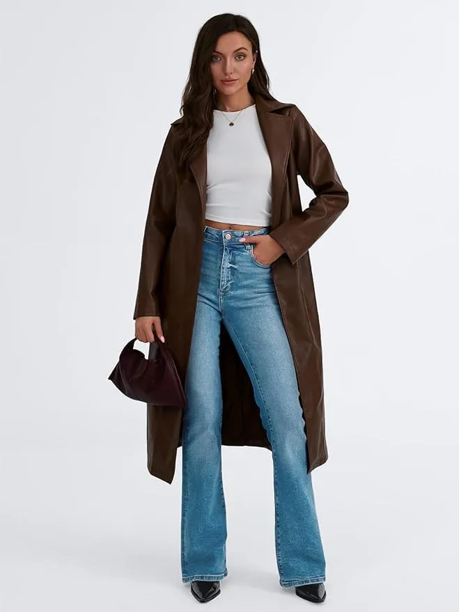 Womens Brown Genuine Sheepskin Leather Trench Coat  Real Leather Single-Breasted Duster with Notch Lapels & Deep Pockets