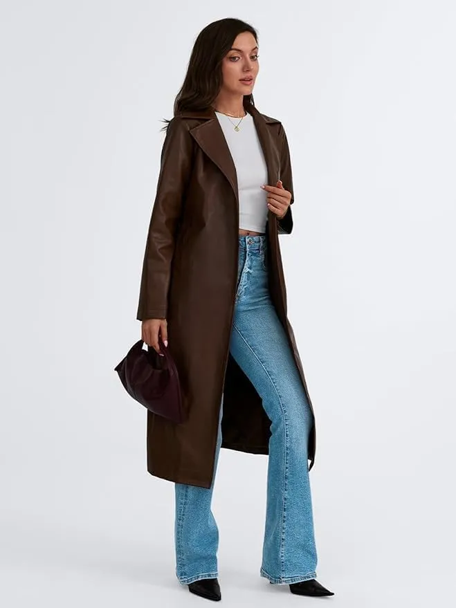 Womens Brown Genuine Sheepskin Leather Trench Coat  Real Leather Single-Breasted Duster with Notch Lapels & Deep Pockets
