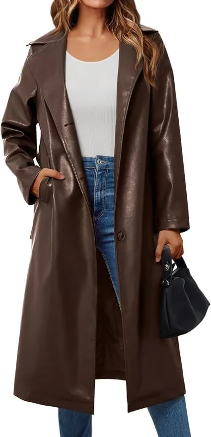 Womens Brown Genuine Sheepskin Leather Trench Coat  Real Leather Single-Breasted Duster with Notch Lapels & Deep Pockets