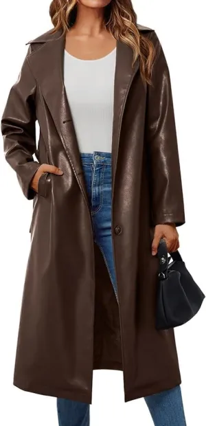 Womens Brown Genuine Sheepskin Leather Trench Coat  Real Leather Single-Breasted Duster with Notch Lapels & Deep Pockets
