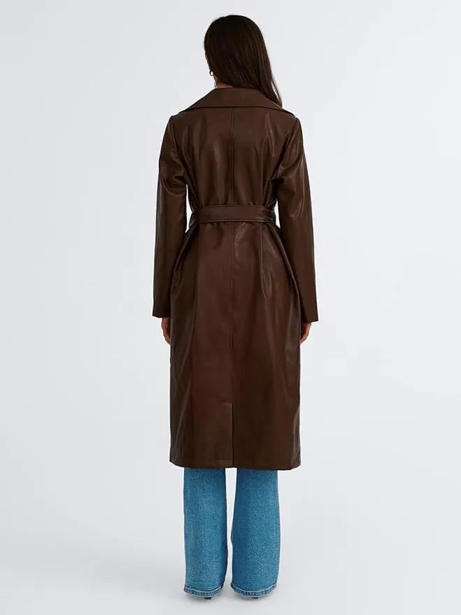 Womens Brown Genuine Sheepskin Leather Trench Coat  Real Leather Single-Breasted Duster with Notch Lapels & Deep Pockets