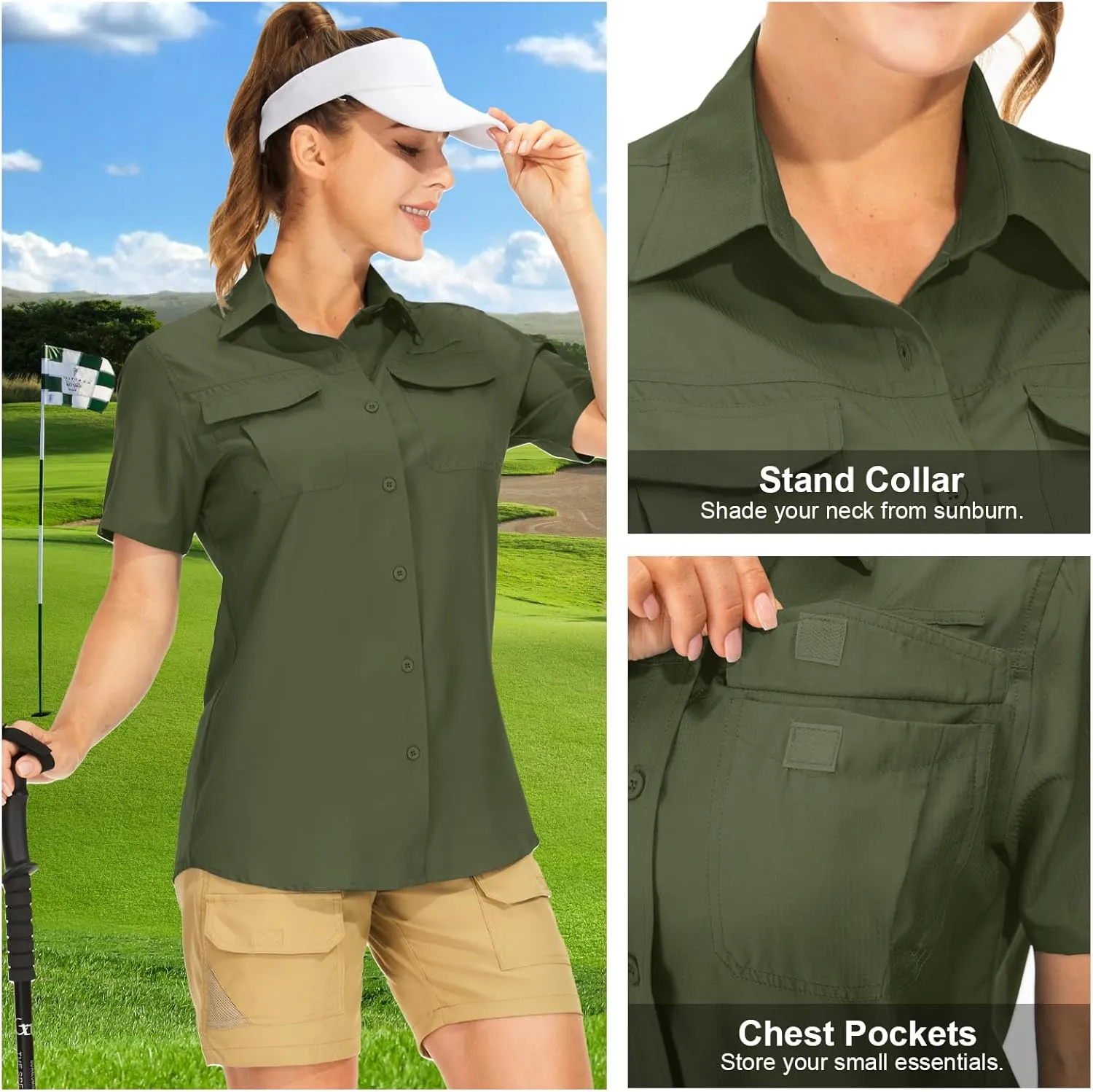 Women's Button Down Shirts UPF 50  Short Sleeve Sun Protection Shirts Stretch Quick Dry Shirt for Fishing, Hiking, Travel