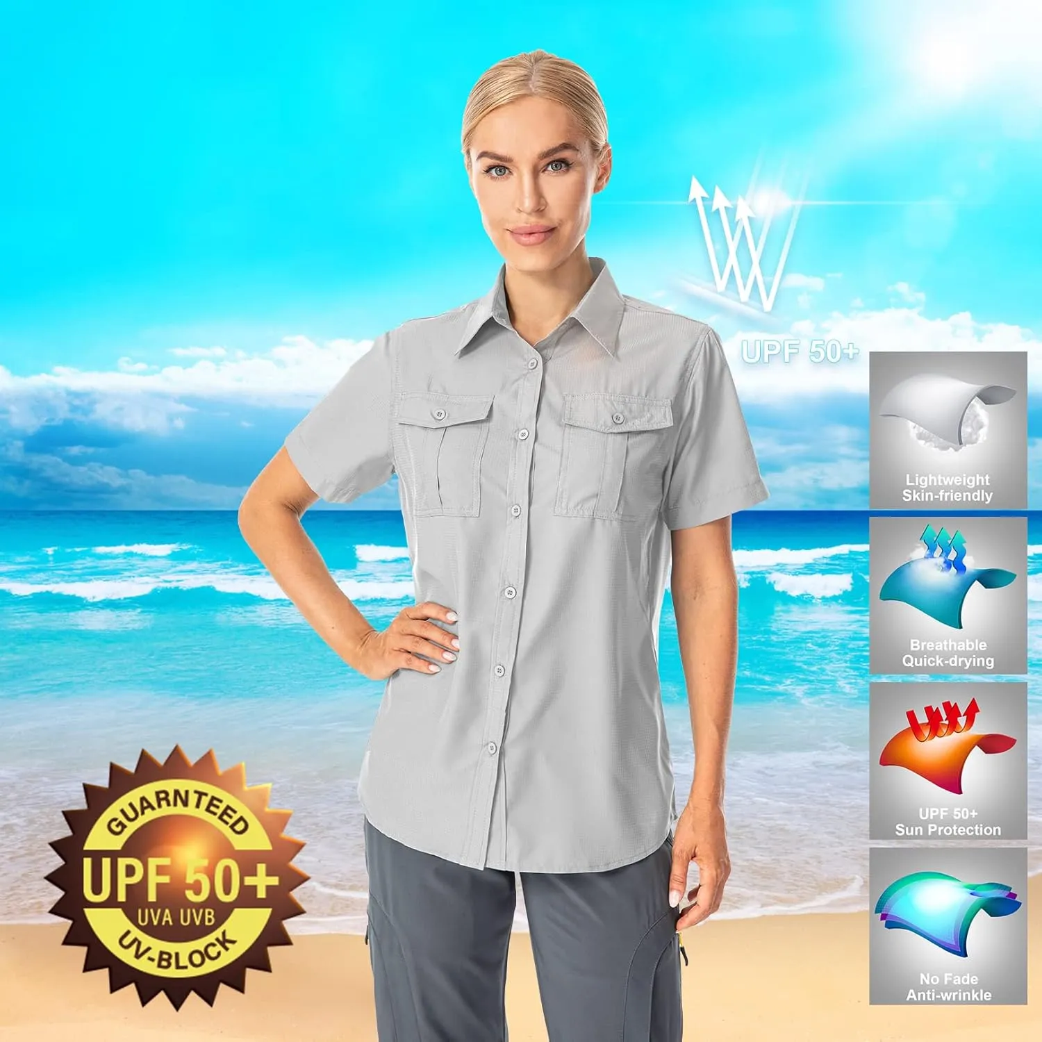 Women's Button Down Shirts UPF 50  Short Sleeve Sun Protection Shirts Stretch Quick Dry Shirt for Fishing, Hiking, Travel