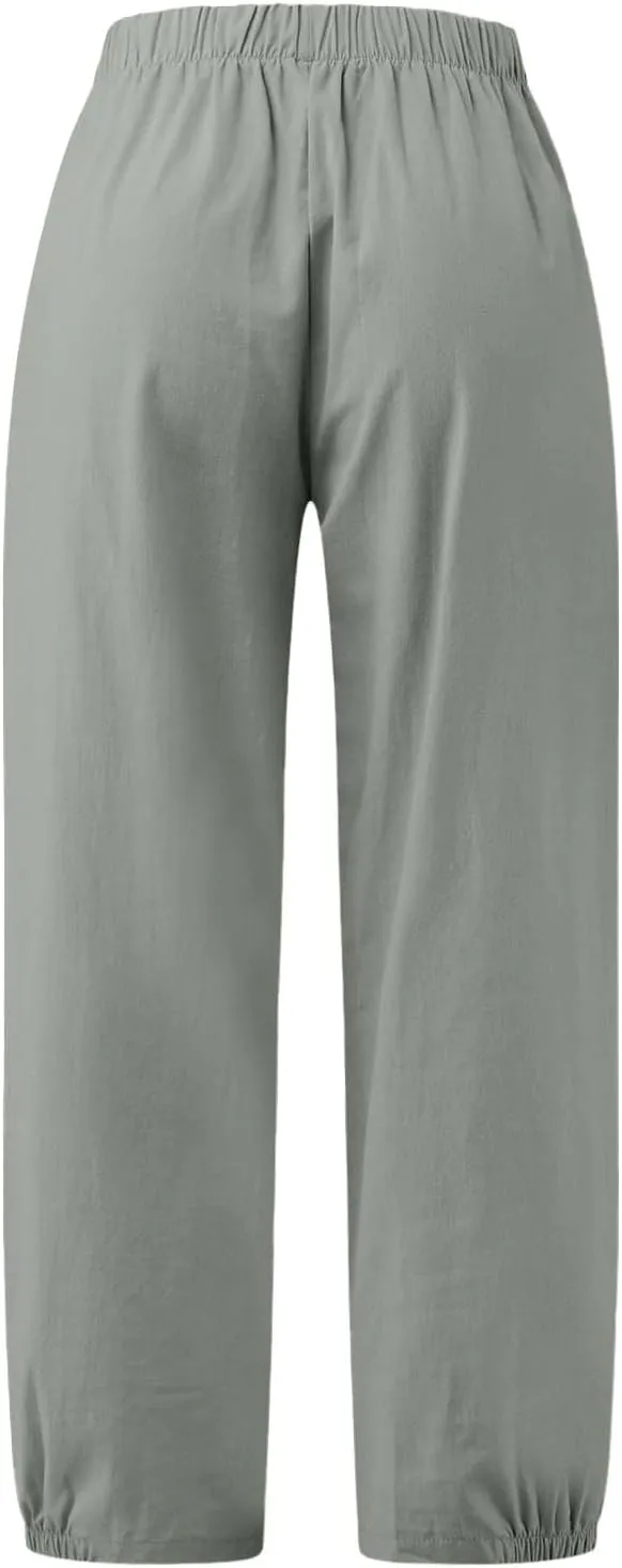 Women's Casual Cropped Pants Elastic Waist Wide Leg Linen Lightweight Summer Beach Trousers with Pocket