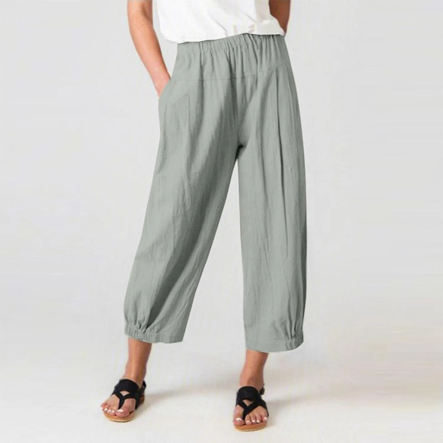 Women's Casual Cropped Pants Elastic Waist Wide Leg Linen Lightweight Summer Beach Trousers with Pocket