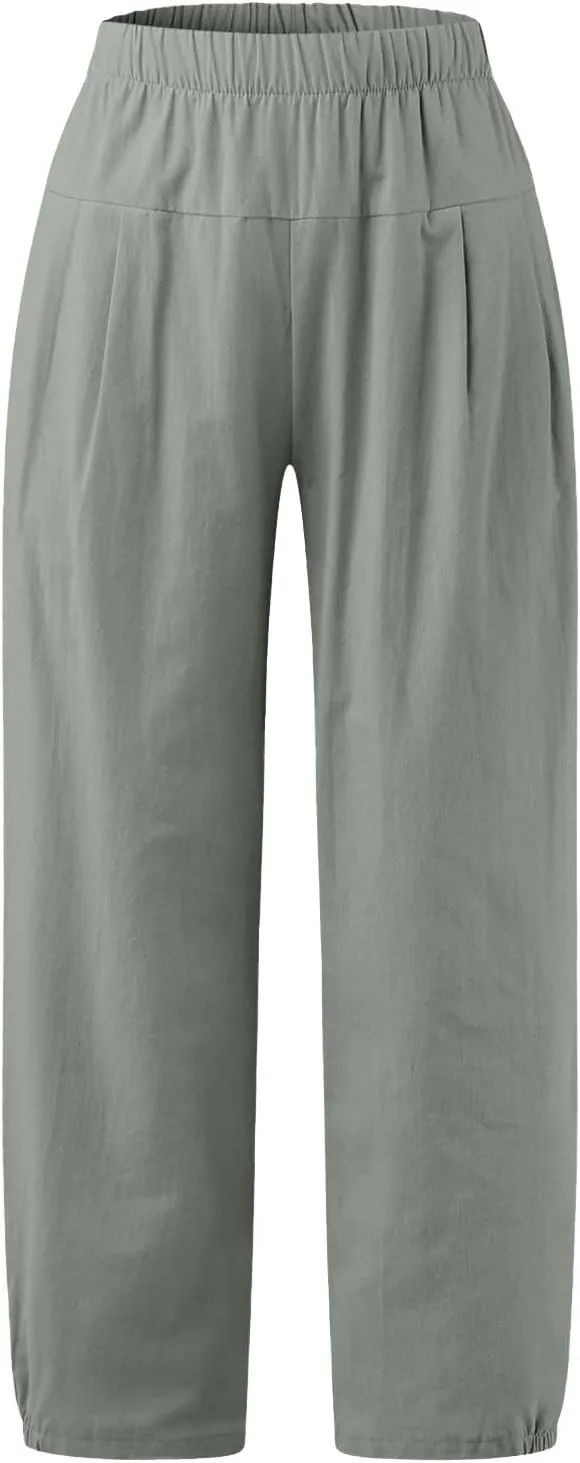 Women's Casual Cropped Pants Elastic Waist Wide Leg Linen Lightweight Summer Beach Trousers with Pocket