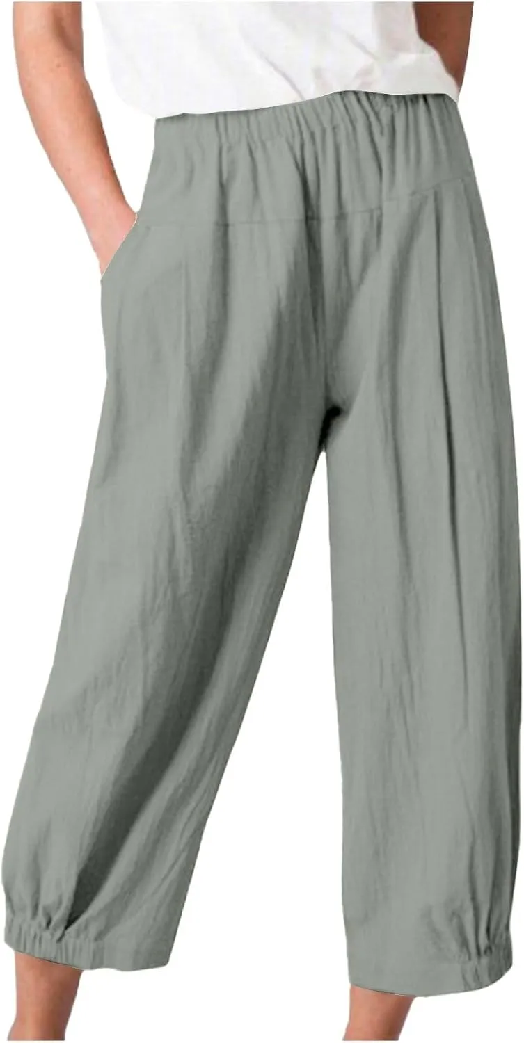 Women's Casual Cropped Pants Elastic Waist Wide Leg Linen Lightweight Summer Beach Trousers with Pocket