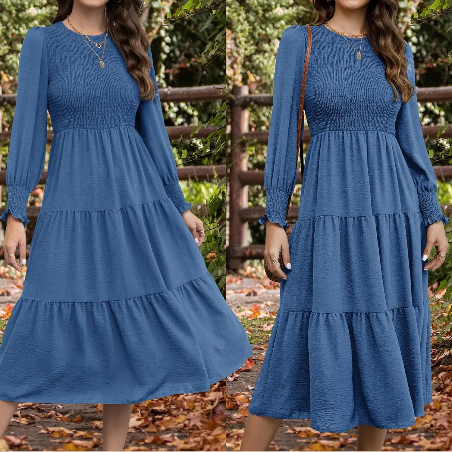 Women's Casual Long Sleeve Fall Dress Crew Neck Smocked Hight Waist Flowy Maxi Tiered Dresses