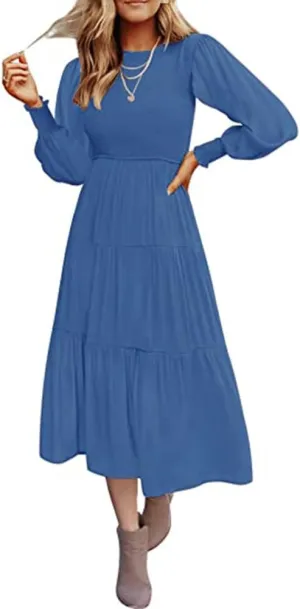 Women's Casual Long Sleeve Fall Dress Crew Neck Smocked Hight Waist Flowy Maxi Tiered Dresses