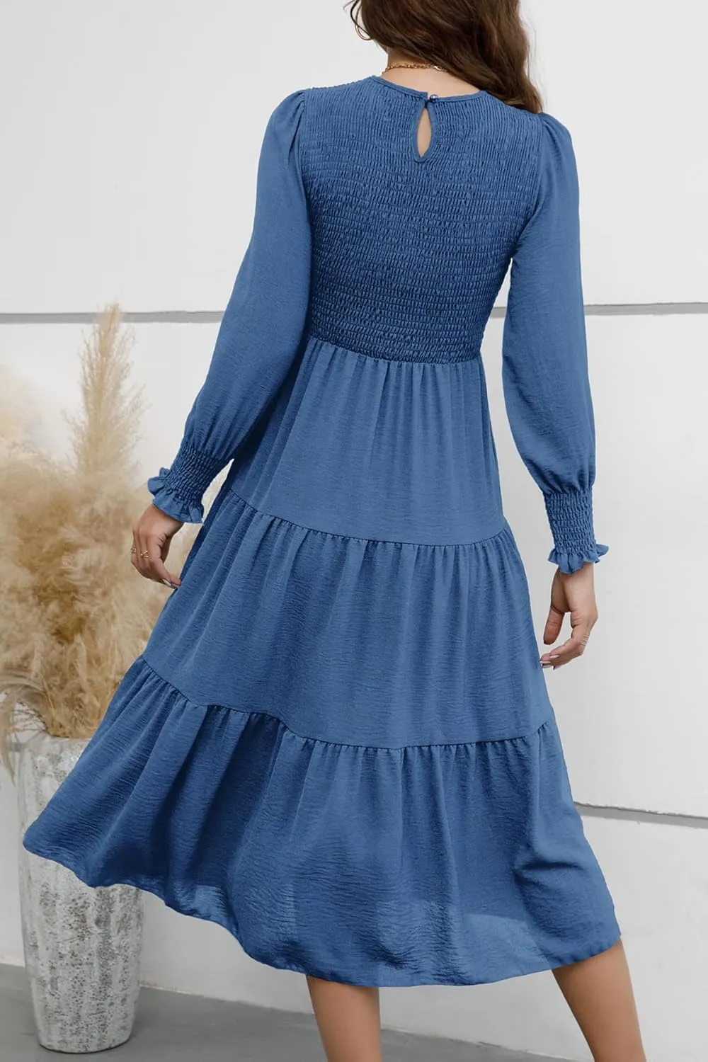 Women's Casual Long Sleeve Fall Dress Crew Neck Smocked Hight Waist Flowy Maxi Tiered Dresses