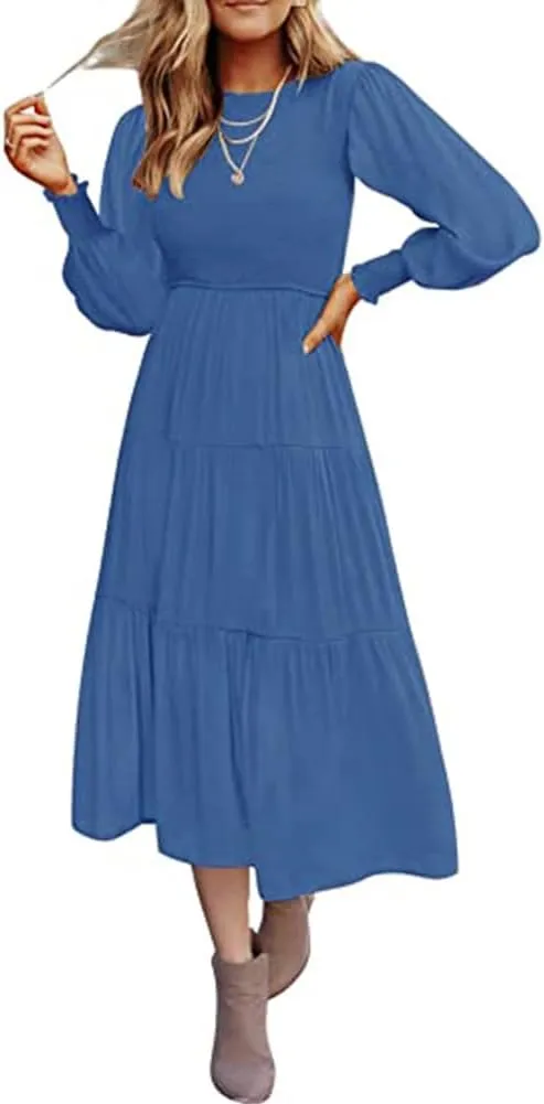 Women's Casual Long Sleeve Fall Dress Crew Neck Smocked Hight Waist Flowy Maxi Tiered Dresses