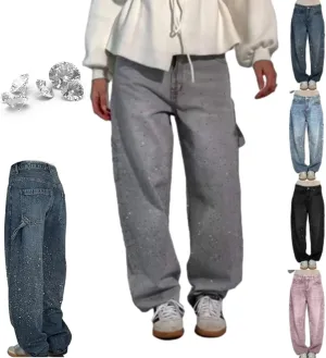 Women's Casual Rhinestone Loose Harem Jeans, High Waisted Straight Wide Leg Pants, Rhinestone Denim Pants for Women