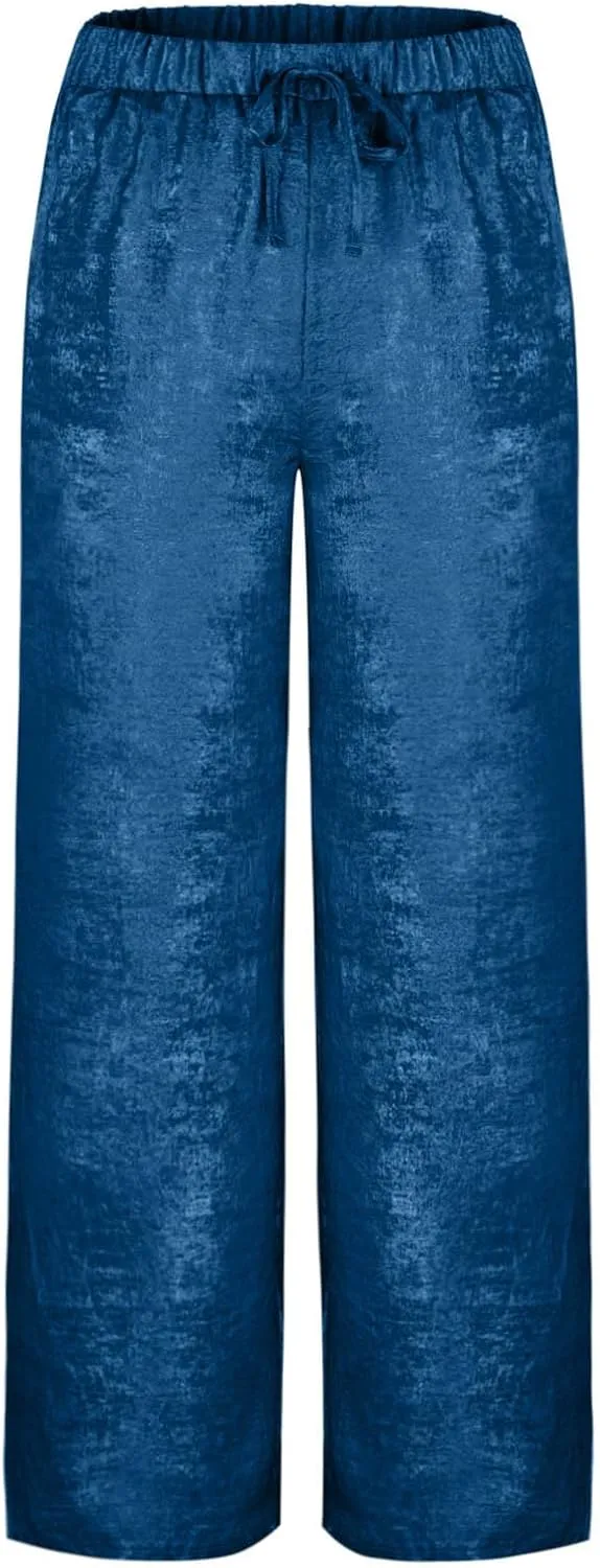 Womens Casual Velvet Palazzo Pants Summer Trendy Wide Leg Pants Elastic High Waist Drawstring Trousers with Pockets