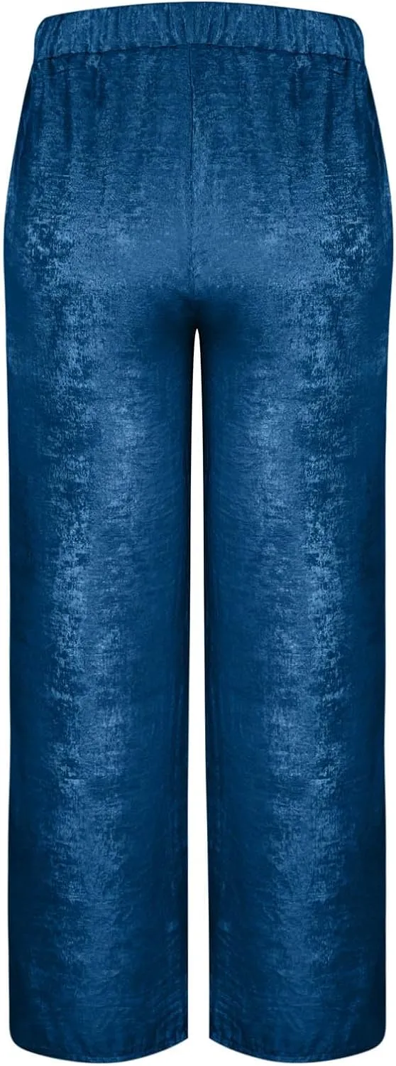 Womens Casual Velvet Palazzo Pants Summer Trendy Wide Leg Pants Elastic High Waist Drawstring Trousers with Pockets